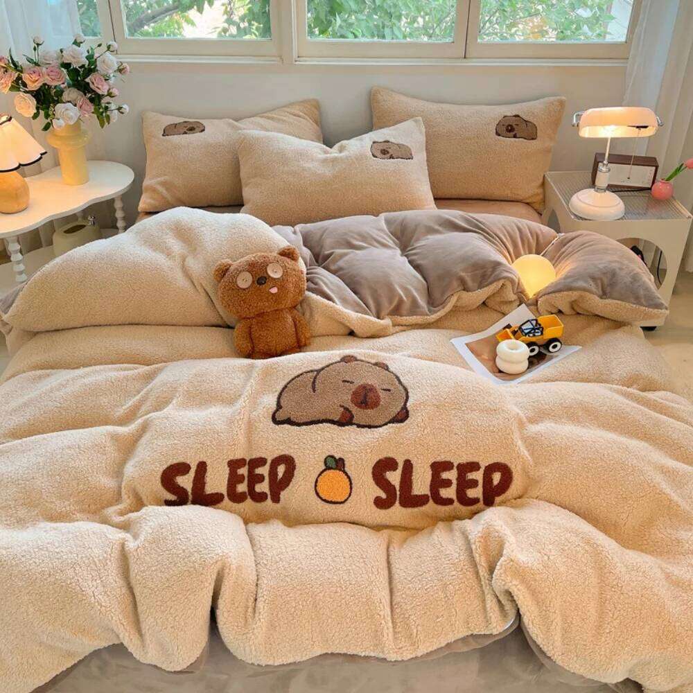 Embroidery Thickened Milk Fleece Bedding Winter Soft Warm Bedroom Decor Quilt Cover Bed Sheet Pillowcase Home Four-Piece Set H260312