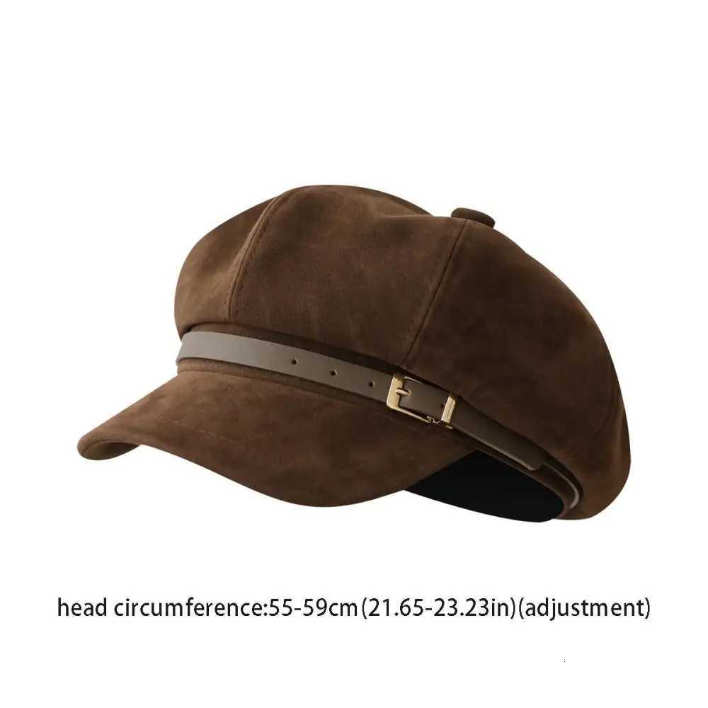 Fashion British Style Pu Leather Beret Belt Buckle Retro Suede Octagonal Hat Artist Hat Brown Painter Hat Girl H260312 - view 7