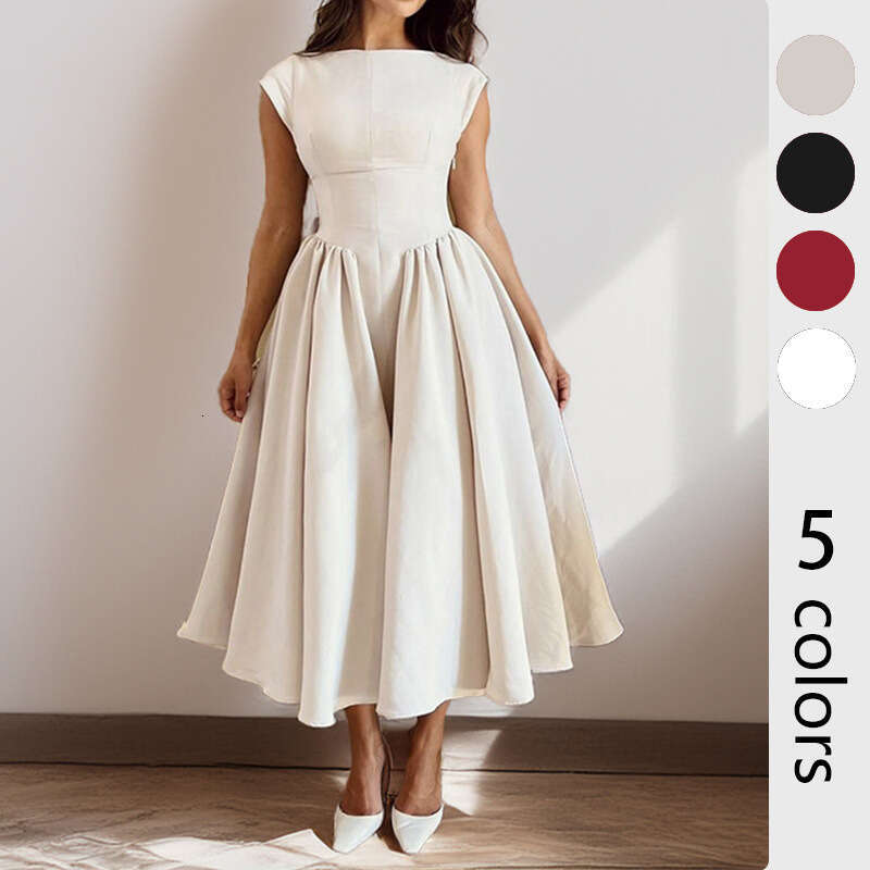 European and American cross-border women's clothing 2026 spring new elegant solid color backless patchwork waist-cinching mid-length dress