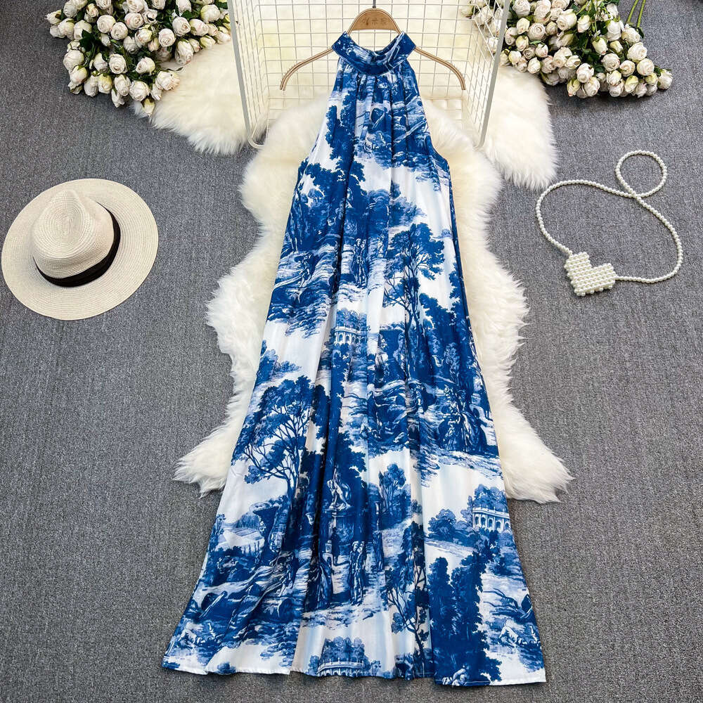 French retro high-end backless collar with ink print sleeveless A-line skirt, elegant a25 and suitable for seaside vacations