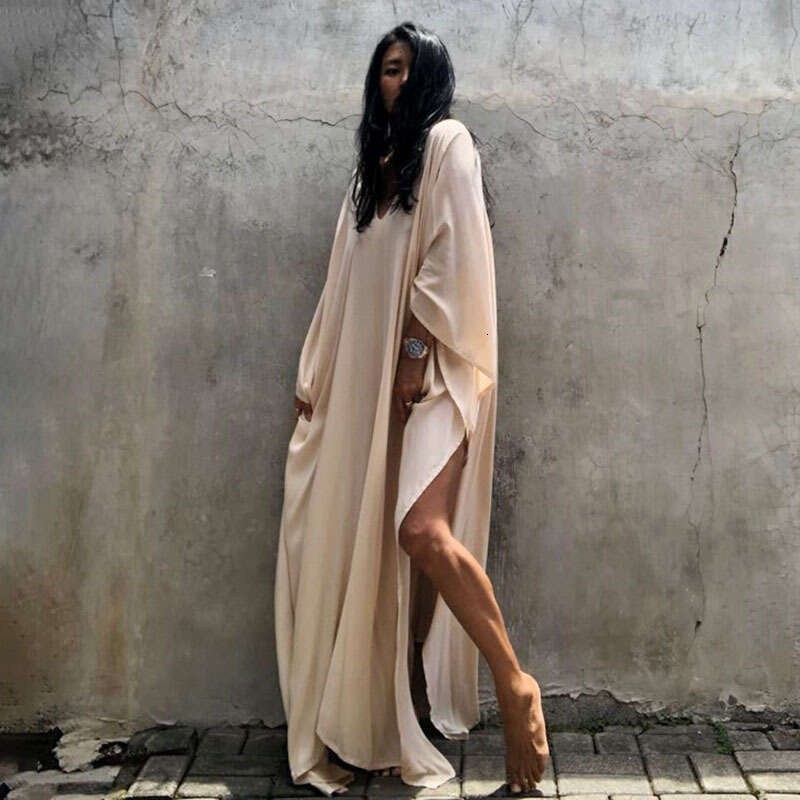 New European and American style rayon solid color cover-up dress seaside vacations, loose-fitting bikini swimsuit robe for women