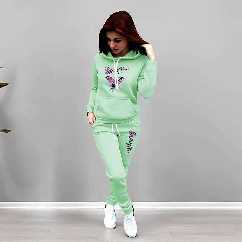 Women's Two Pieces Set Winter Sportswear Fleece Hoodies Sweatpants Ladies Daily Casual Sporty Jogging Suit Comfort Lounge Wear C260312