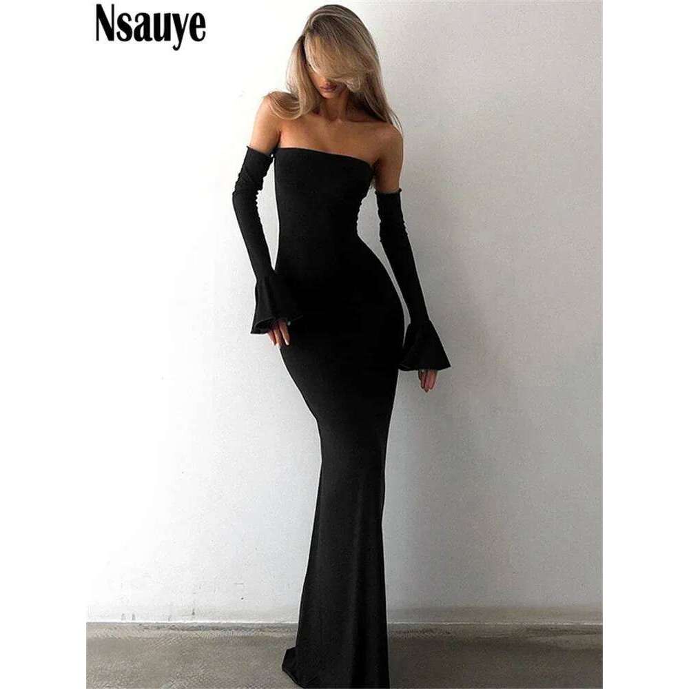 Nsauye Autumn Chic Elegant Women Sexy Evening Birthday Party Night Club Off Shoulder Long Sleeve Maxi Bodycon Dress 2024 C260311