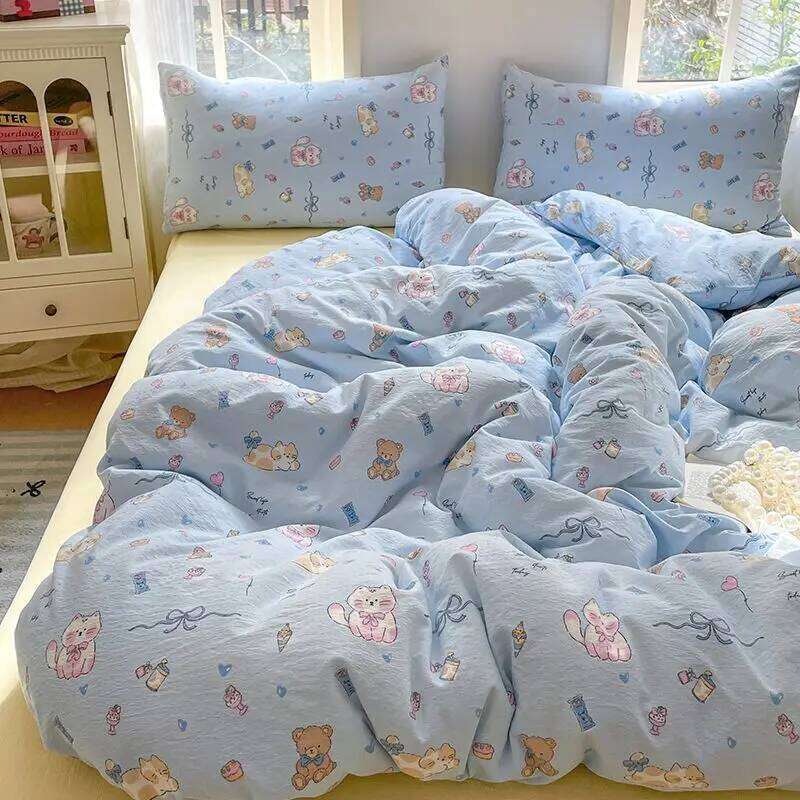 Ins Cute Blue Cat Bedding Sets 2025 New Soft Bed Sheet For Girls Washed Cotton Dormitory Quilt Set No Filling H260312