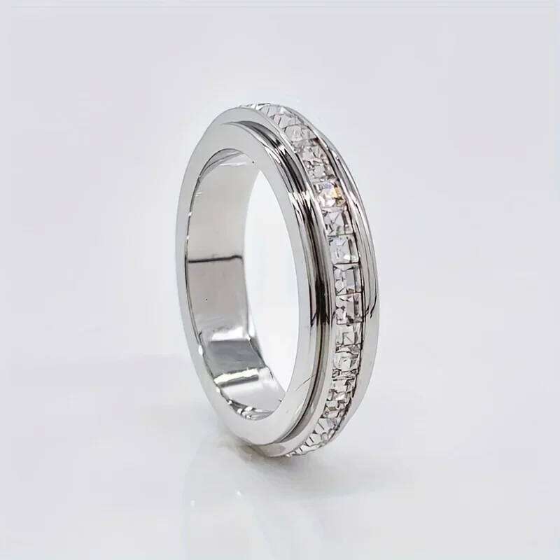 Elegant band ring made of stainless steel, set with shiny zircon, rotatable design, pressure relief H260312