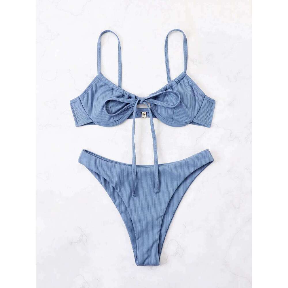 2025 Push Up Bikini Women Rib Tie Front Swimsuit Sexy Underwire Swimwear Female Bathers Bathing Swimming Suit Summer Beachwear Y260303