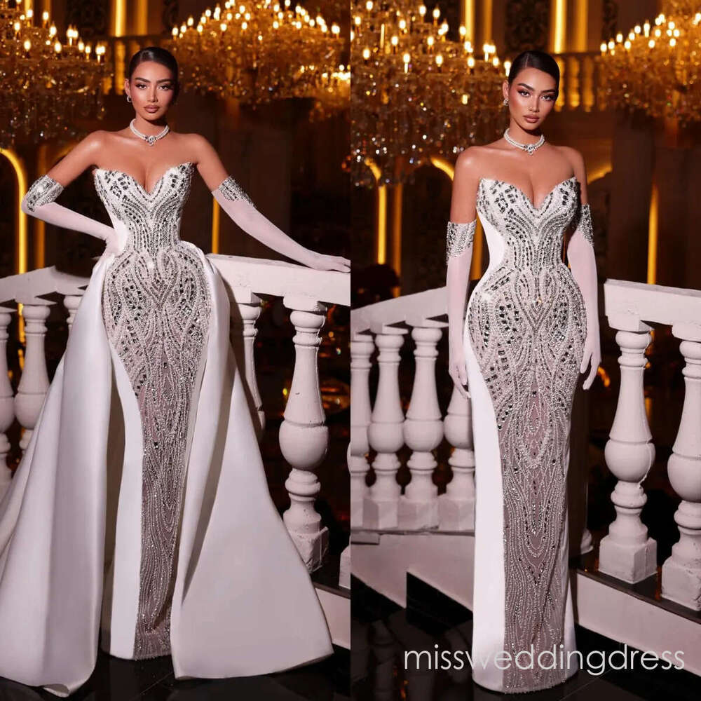 Luxury Crystal Pearls Wedding Dresses Strapless Mermaid Bridal Gowns with Detachable Train Beading Customized Vestidos De Novia Plus Size