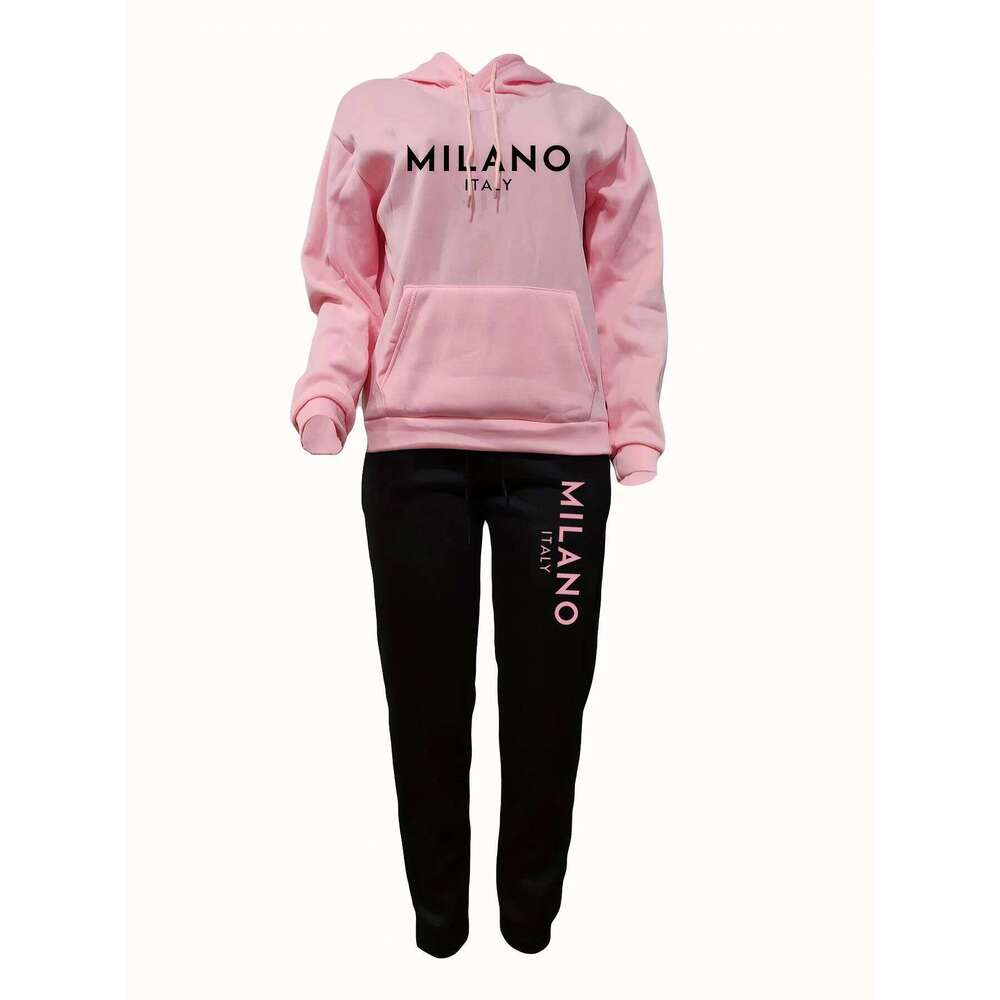 Women's Autumn/Winter Hoodie+Sports Pants Set Street Casual MILANO ITALY Letter Printed Fashionable and Velvet Warm Clothing C260312