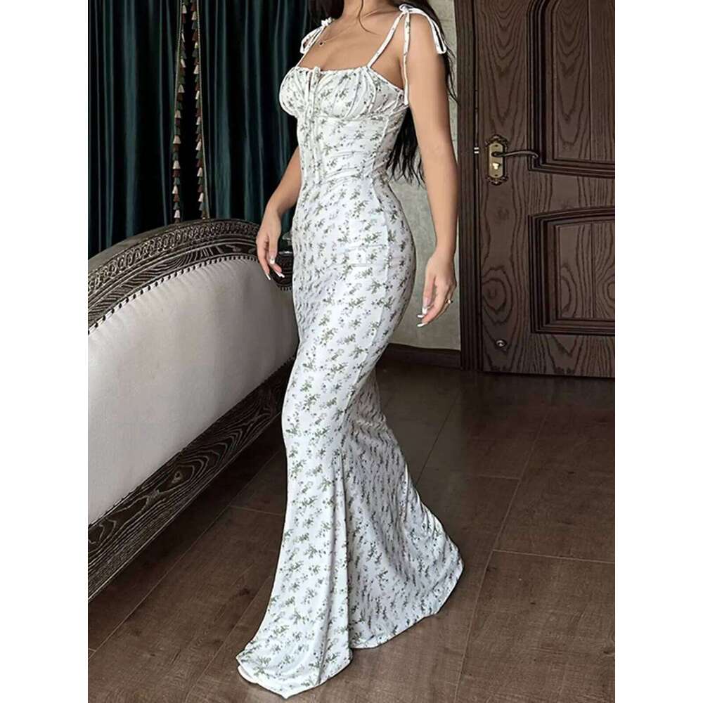 2025 Summer Floral Midi Women Spaghetti Strap Tie-up V-neck Split Dress Sexy Vintage Elegant Dresses Female C260312