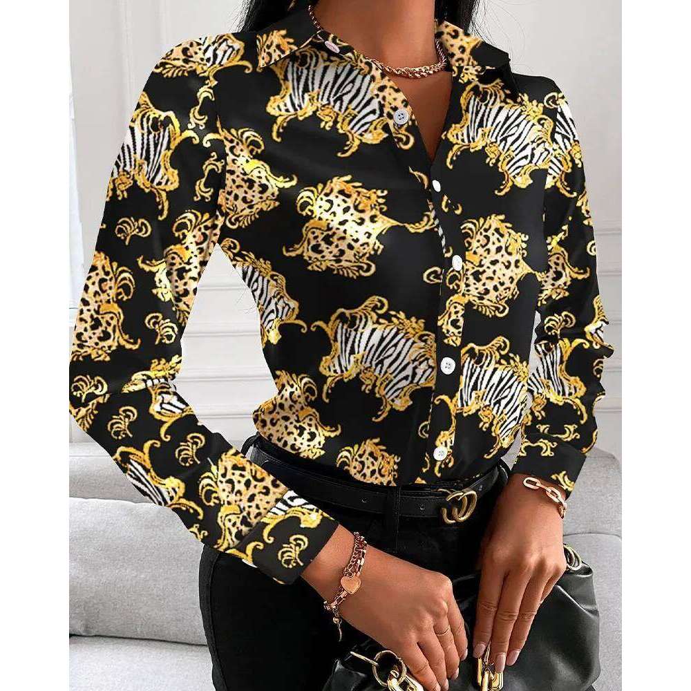 2026 New Women Fashion Wild Shirts Chain/Floral/Letter/Geometric Square Print Turn-Down Collar Long Sleeve Blouses