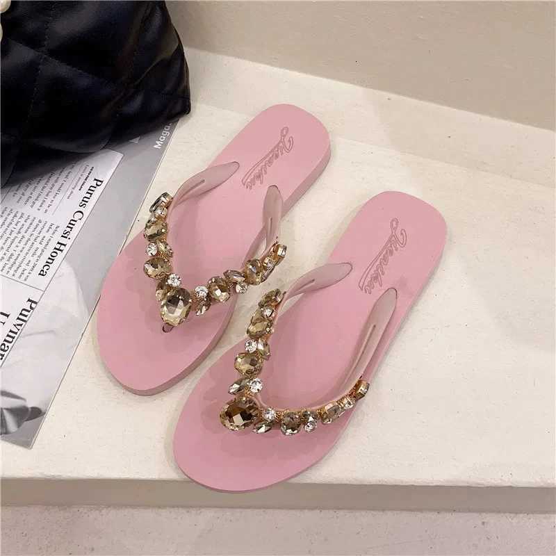 SUOJIALUN 2025 Summer New Women Slipper Fashion Bling Crystal Slip On Flip Flop Shoes Soft Flat Heel Dress Slides Sandal K260312