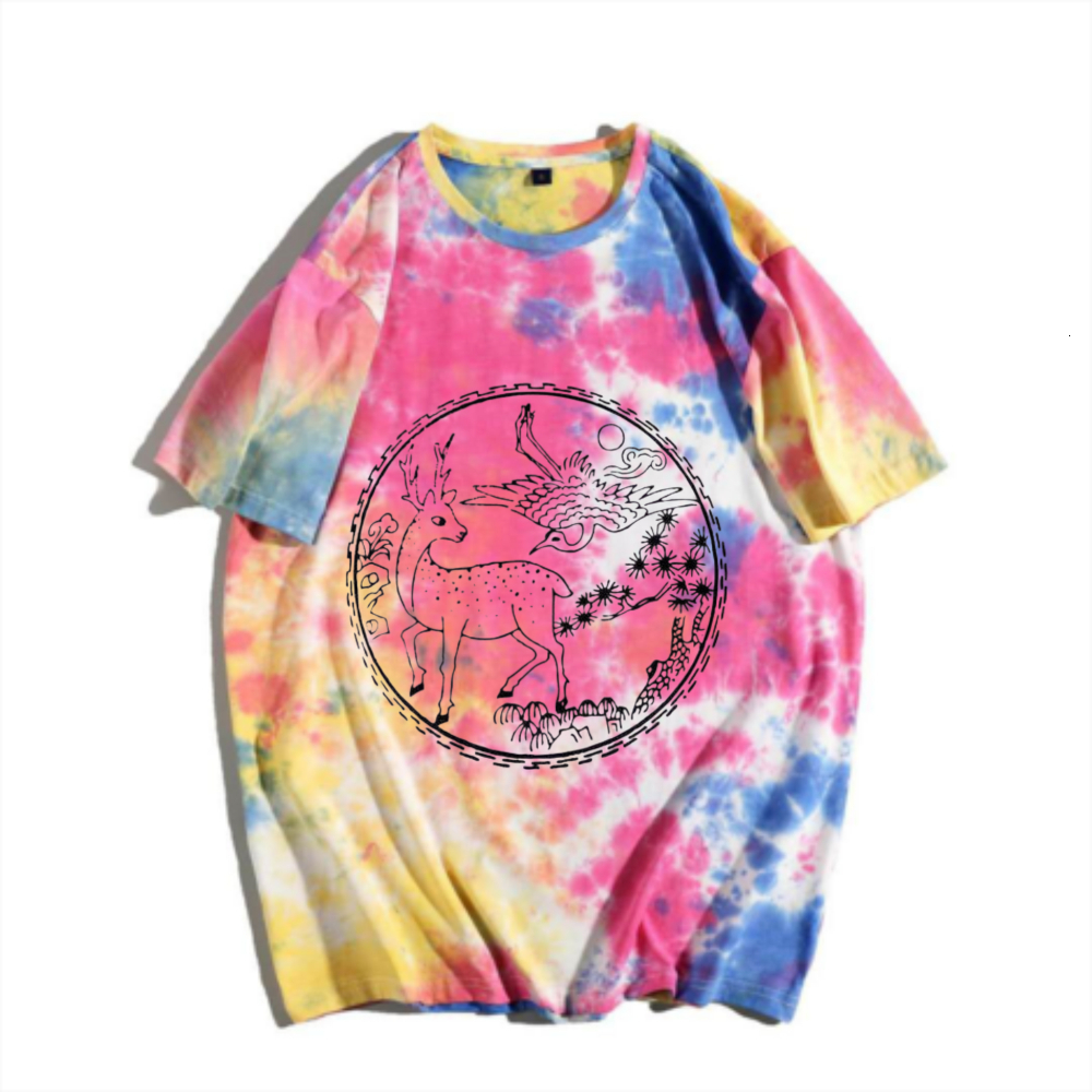 New Chinese Traditional Rubbings Pine Deer Tie Dyed T-shirt Rainbow Contrast Loose Half Sleeve Chinese Intangible Cultural Heritage Blessing Leisure T