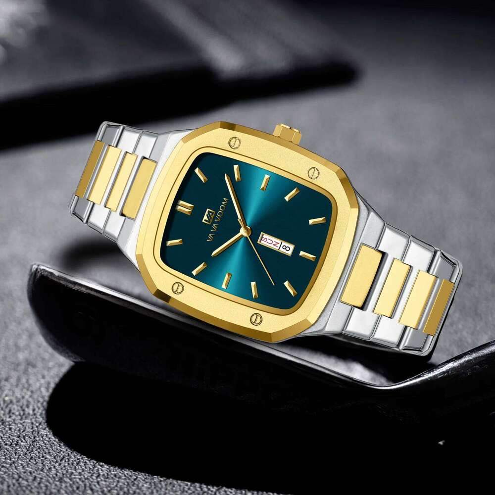 VA VOOM Brand Men Stainless Steel Original Square Style Blue Gold Dual Calendar Quartz Movement Business Watch