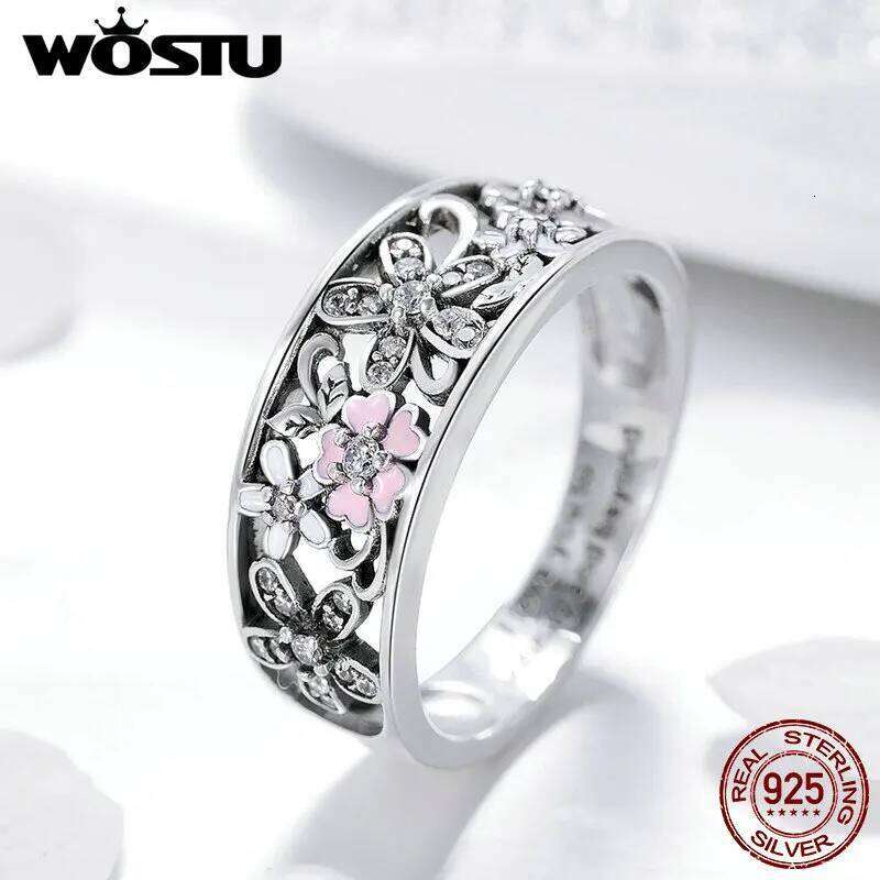WOSTU Silver 925 Ring Pink Zircon Daisy Flower Enamel Rings For Female Fingers Original Wedding Engagement Jewelry Gift H260312
