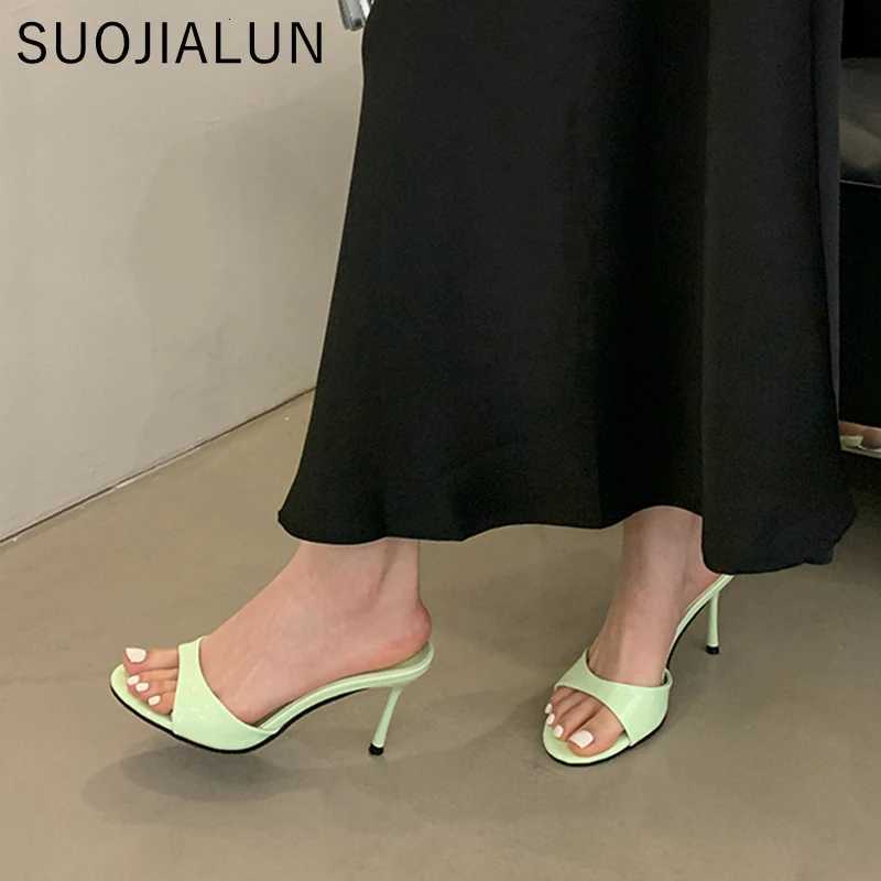 SUOJIALUN 2025 Summer New Women Slipper Fashion Open Toe Slip On Slides Ladies Elegant Thin High Heel Dress Pumps Slides K260312