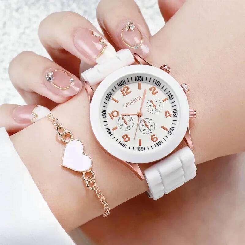 4PCS/Set Geneva Watch Fashion Silicone Band Women Watches Heart Jewelry Set Without Box