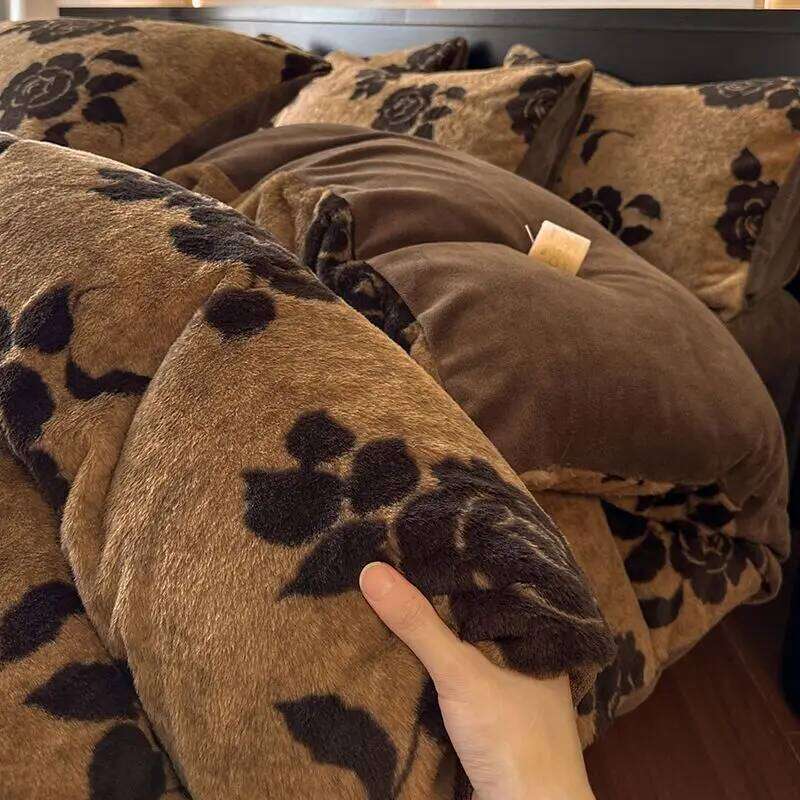 Four-piece Set Thickened Thermal Flange Coral Fleece Class A Leopard Print Rabbit Plush Quilt Cover Pillowcase Bed Sheet H260312
