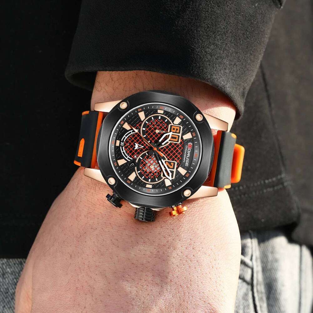 4 PCS SET BORUSE Fashion and Triangle Spearhead Necklace Set, Men's Quartz Waterproof Watch, Luxury Silicone Watch