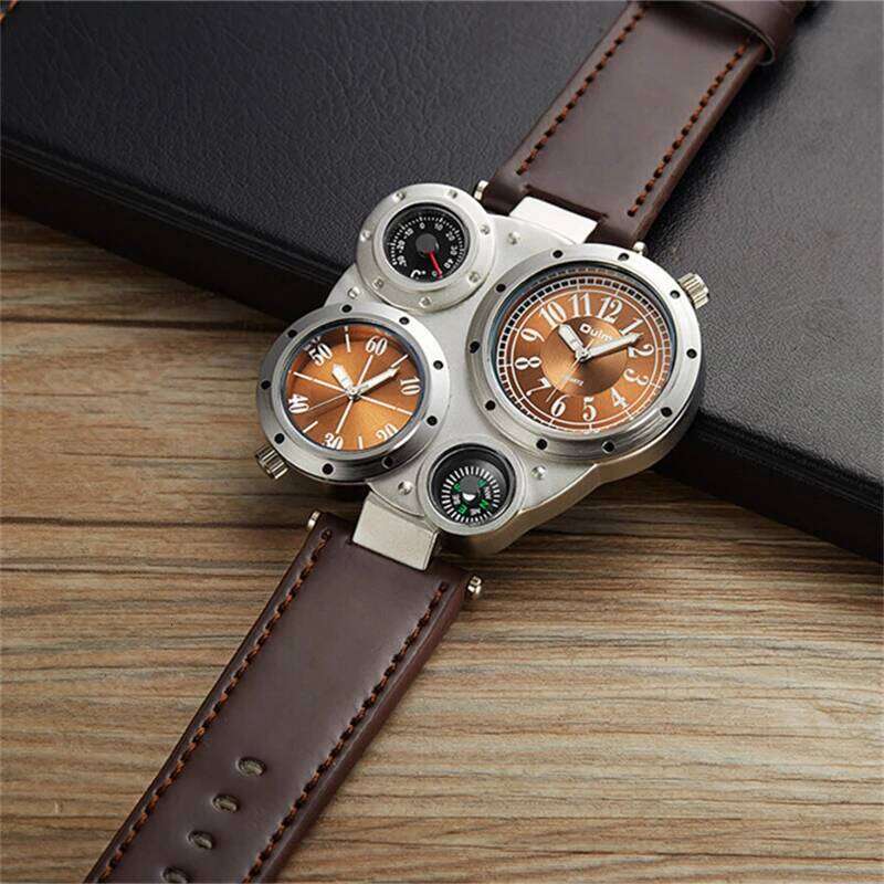Oulm Fashion Luxury Watch Double Time Zone Large Dial Luminous Leather Strip Men's Quartz Watches relojes para hombre