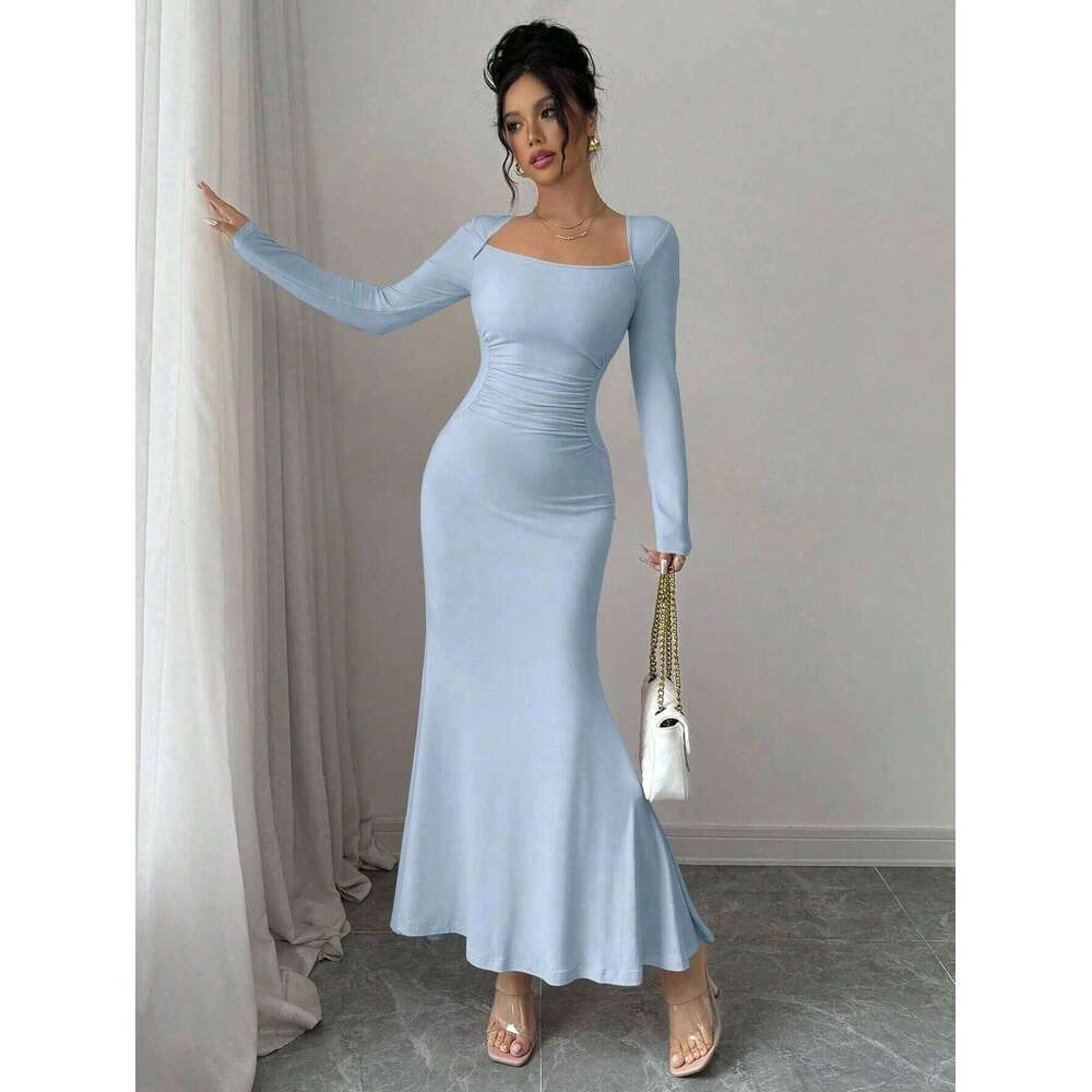 Four Seasons New Style Women's Elegant Temperament Retro Solid Color Square Collar Long Sleeve Dress C260312