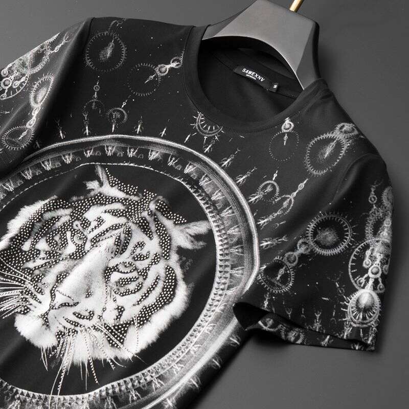 2026 Summer New Black Sports Casual Youth Long Pants Trendy Brand Tiger Head Rhinestone Short-Sleeve Men's T-Shirt Set WKERSIY