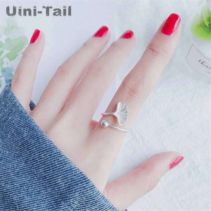 Uini-Tail Hot Sale New 925 Tibetan silver Simple Ginkgo Fresh Fashion Leaf Open Ring High Quality Jewelry ED650 H260312