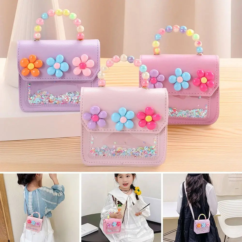 Creative Cute Flowers Childrens Messenger Bag Pearl PU Leather Kids Shoulder Shiny Bowknot Handbags 260311