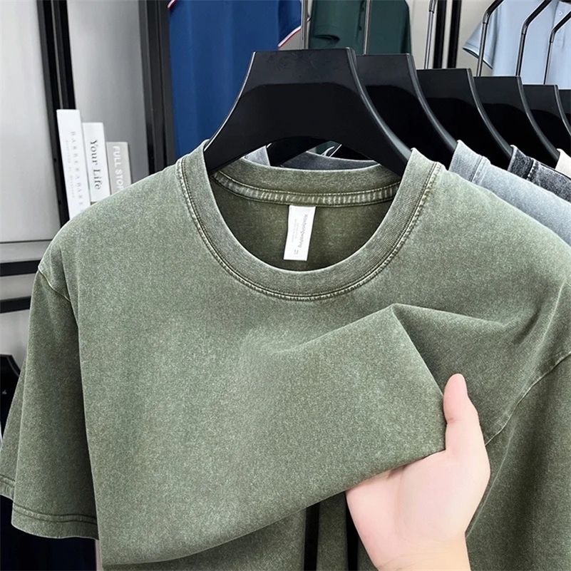 American Style Retro Heavyweight Solid Color Short Sleeved T-shirt Men Women Summer Street Trendy Washed Old Oversized Clothes 260227