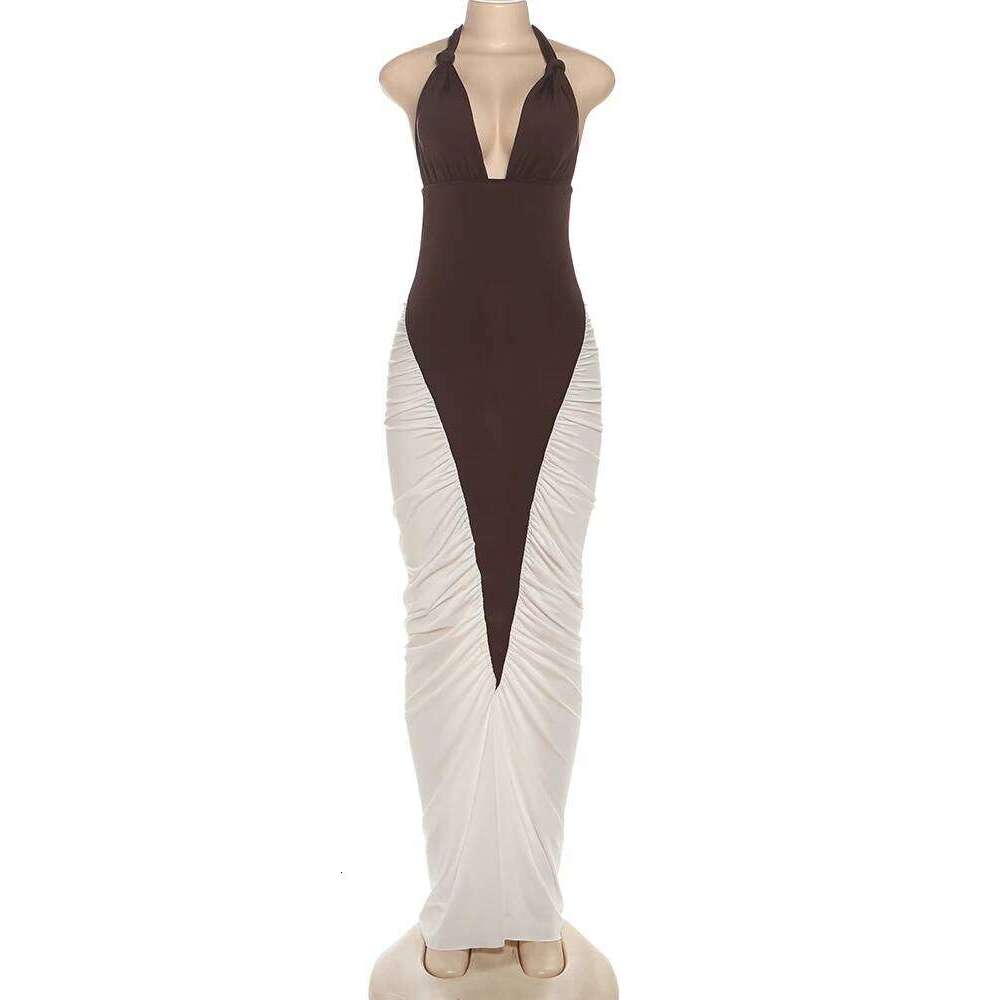 Kliou Ruched Elegant Long Dress Woman Halter Low-Neck Backless Contrast Patchwork Robe Midnight Banquet Party Classic Vestidos C260311