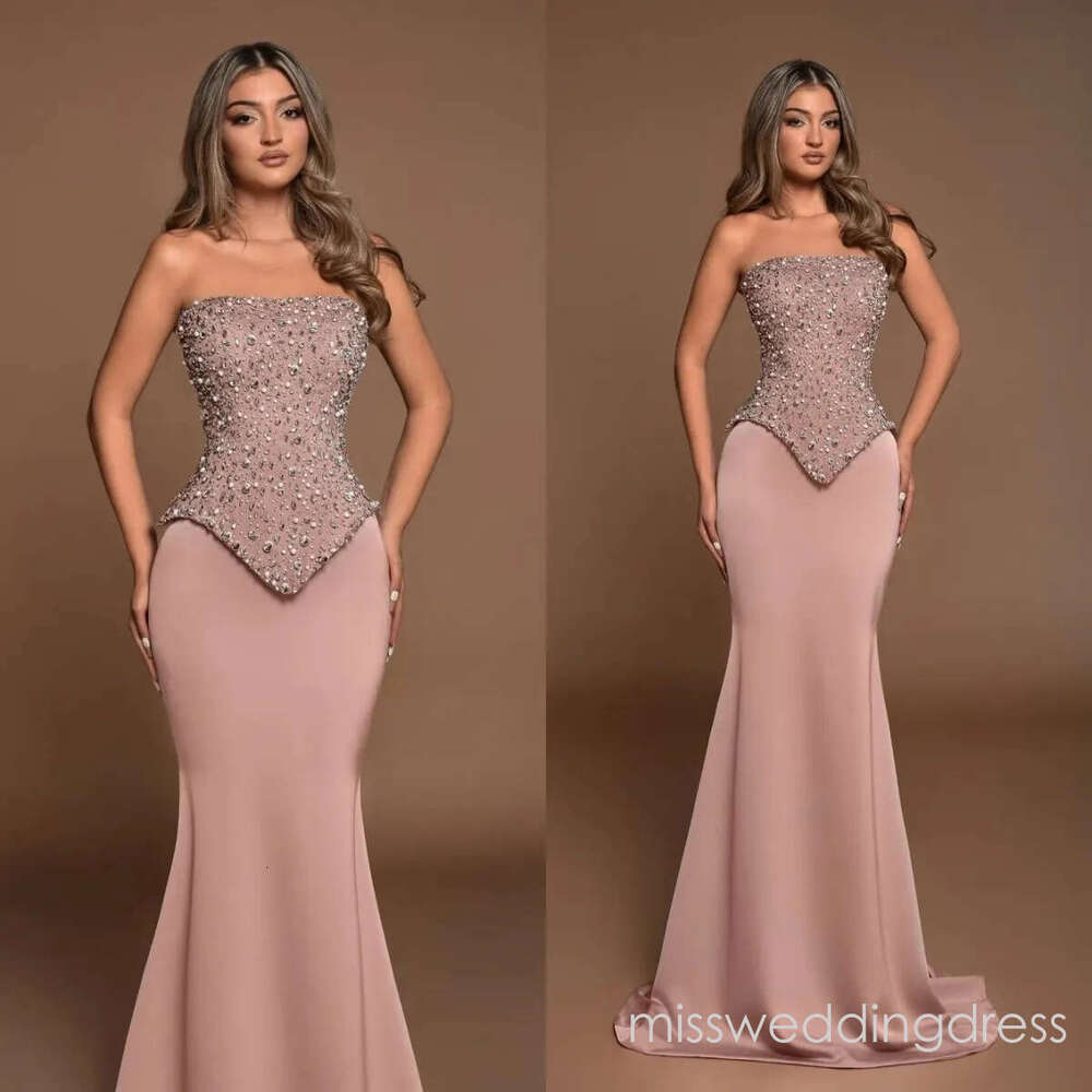 Modern Crystal Pearls Evening Dresses Strapless Prom Dress Sleeveless Slim Fit Customized Mermaid Party Gowns Vestidos De Noche Plus Size