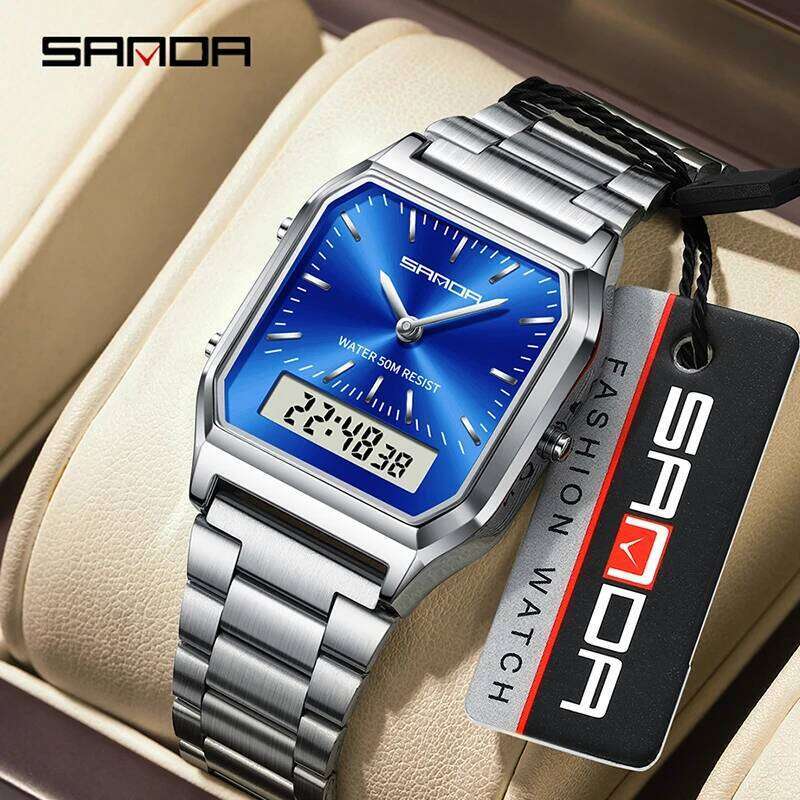 SANDA 747 Luxury Watch for Men Stainless Steel LED Digital Dual Display Clock Waterproof Sports Quartz Wristwatches Reloj Hombre