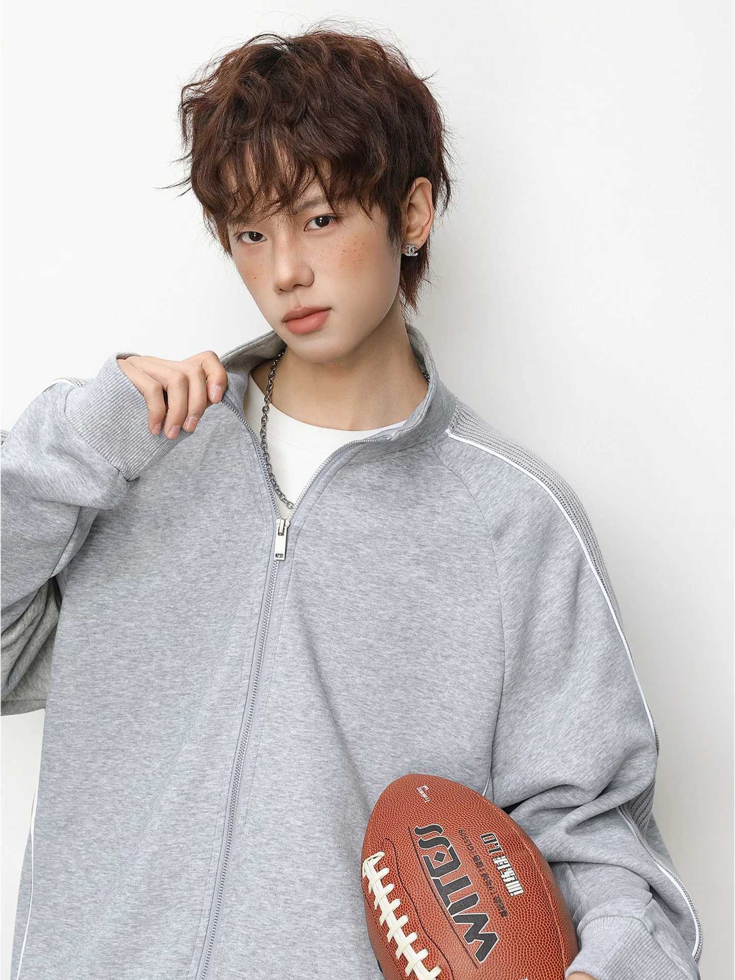 Clashing Colour Patchwork Cardigan Hoodie Mens Stand Collar Jacket Zip-Up Casual Outerwear Soft and Versatile M260312