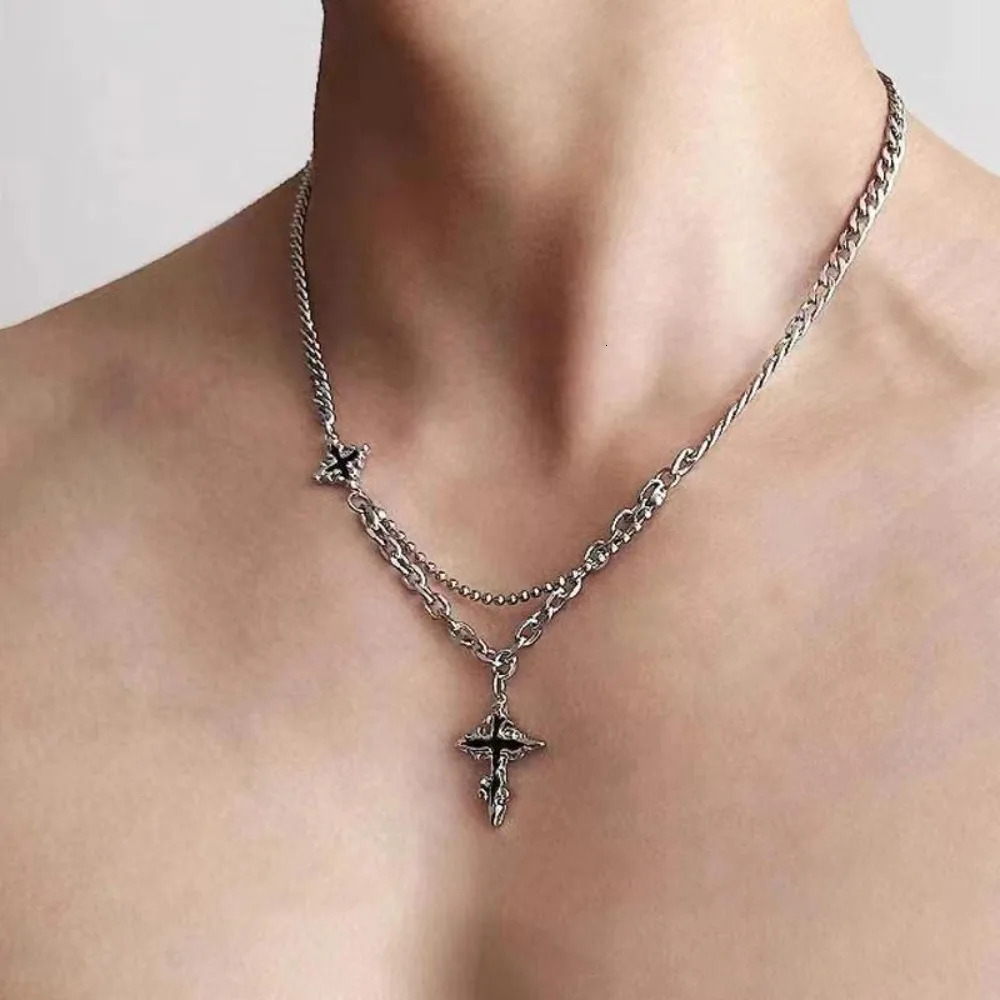 Hiphop Punk Long Cross Necklaces for Women Men Punk Double Layer Splicing Chain Necklace Charm Trend Neck Jewelry Halloween Gift 260311