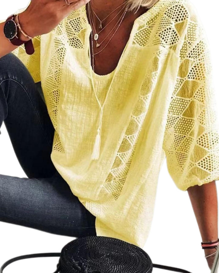 Women's Hollow Out V-Neck Short Sleeve Cotton White Shirt Loose Stitching Lace Blouse Casual Tops Summer Fashion