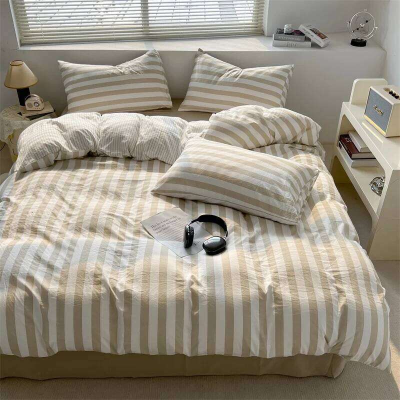 Washed Cotton Striped Style Bedding with Duvet Cover Pillowcase Skin-friendly Ultra Soft Bed Sheet Set 200x230 220x240 H260312
