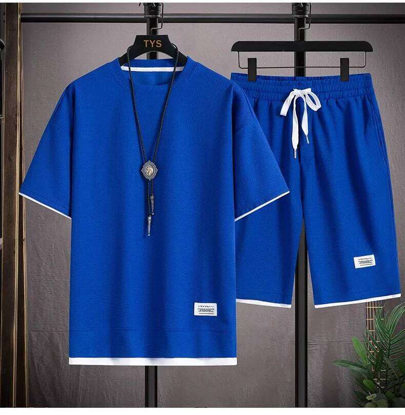 2026 new Summer Men's Waffle Sets Casual T-Shirt And Shorts Set Male Sports Suit Solid Color Tracksuit Loose Suits