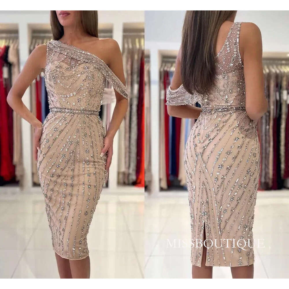 Sparkle Sequined Champagne Cocktail Dresses Elegant One Shoulder Sheath Sequins Mini Short Prom Evening Gowns Women Formal Party Homecoming Robes Bc16