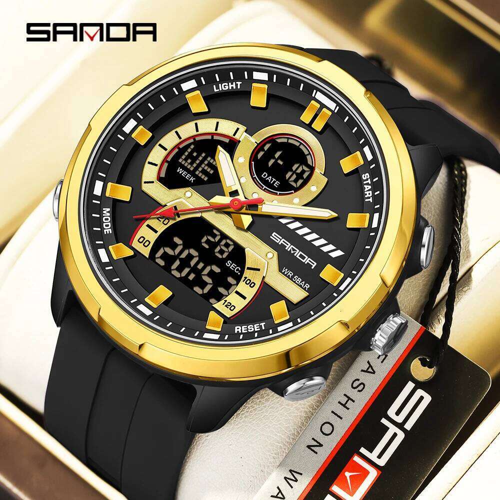 SANDA new 9077 men's sports multifunctional dual display waterproof LED night light student electronic watch