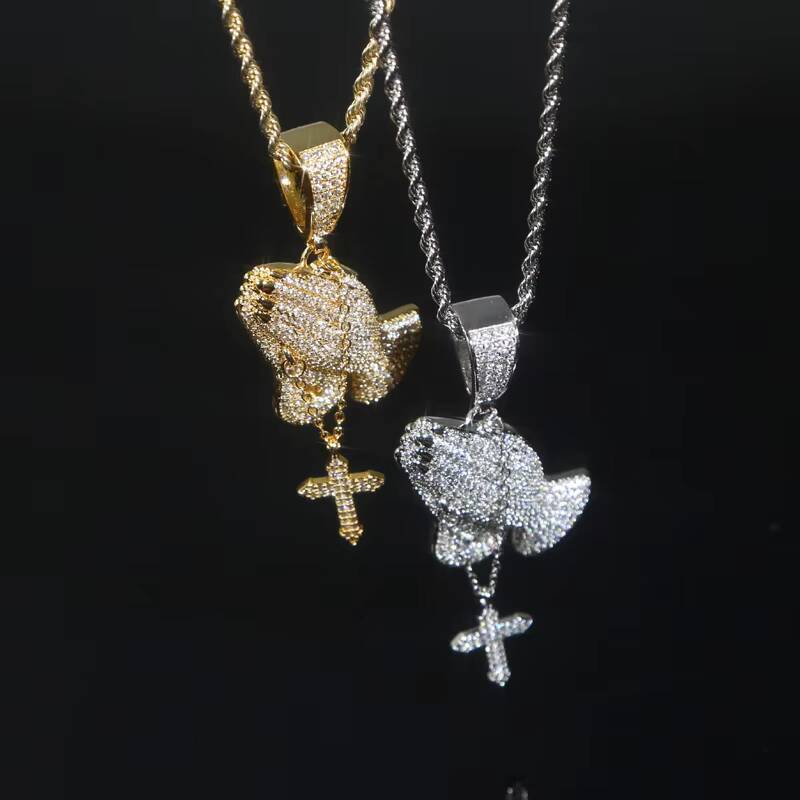 High Quality Micro Paved moissaniteVVSiaHip Hop Praying Hand Pendant with Dangle Cross Gold Plated Mens Necklace