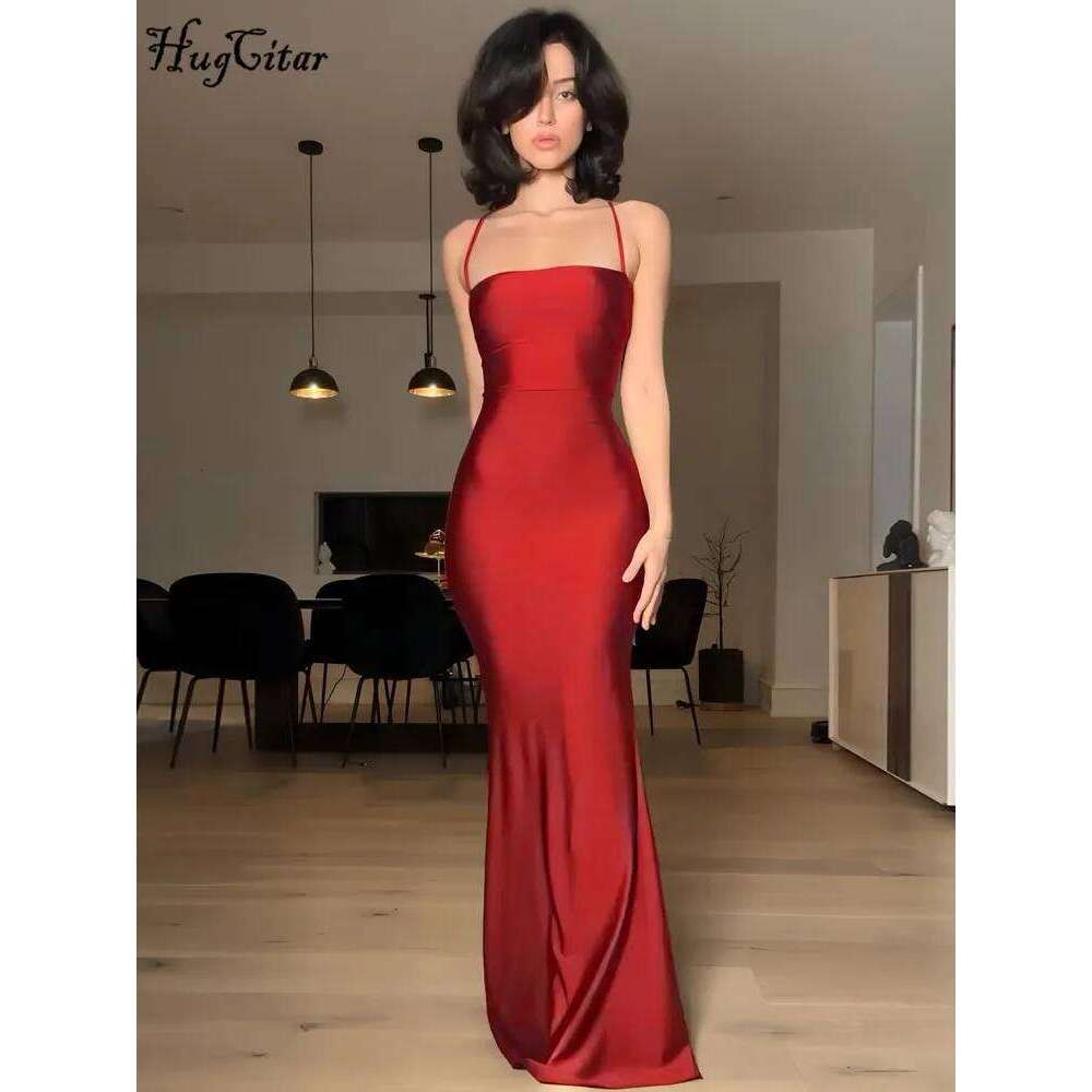 Hugcitar 2024 Spring Solid Slips Backless Draped Bandage Sexy Slim Maxi Prom Dress Women Elegant Clothes Party Birthday Festival C260312