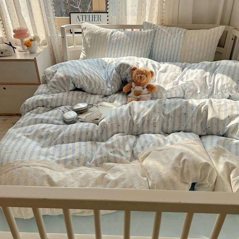 Striped Princess Bedding INS Nordic Girls Soft Washed Cotton Flat Sheet Twin Queen Size Duvet Set Pillowcase Bed Linens H260312 - view 5