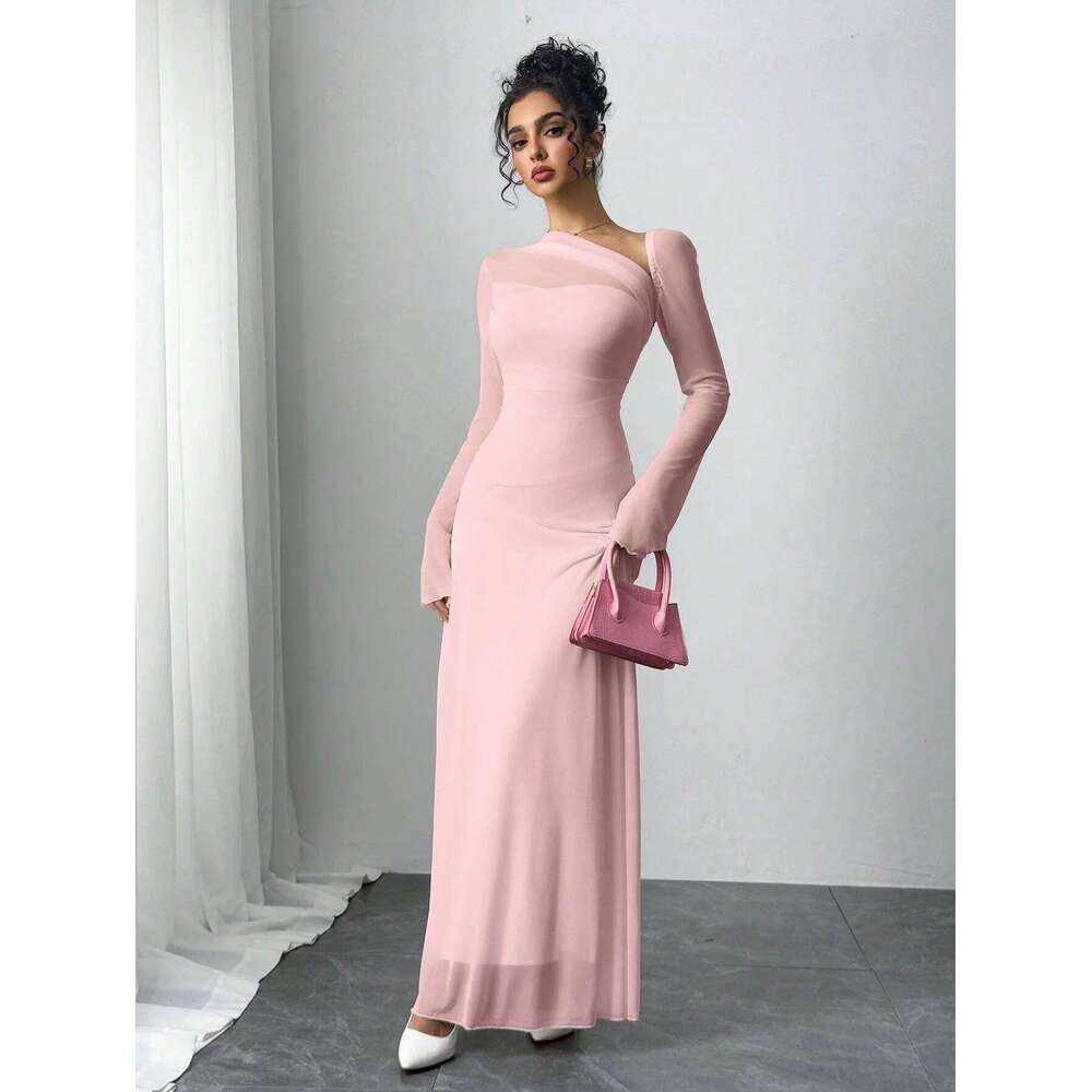 New spring/summer women's pink tulle explosion slim irregular diagonal shoulder ultra long dress C260311