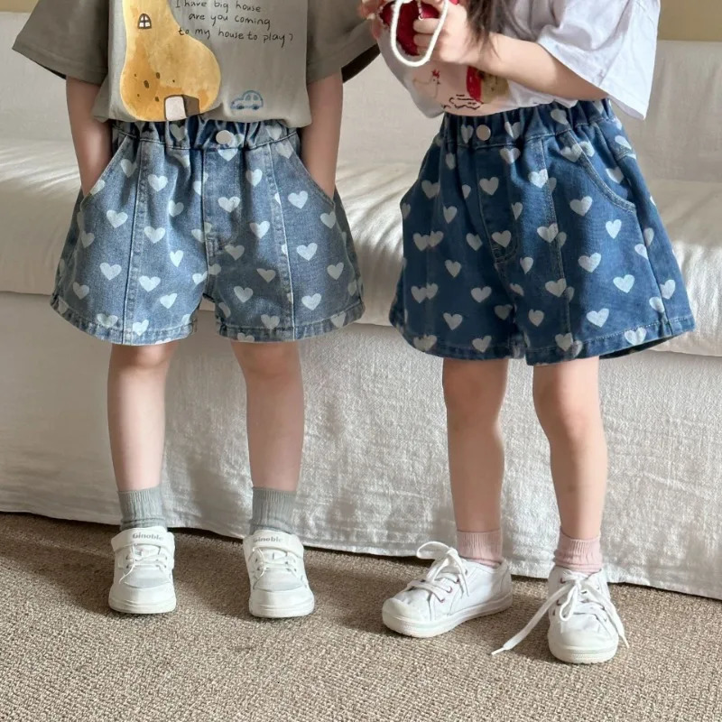 Heart Print Denim Shorts for 18Y Kids Elastic Waist Loose Casual Knee Length Pants Girls Boys Vacation Style 260311