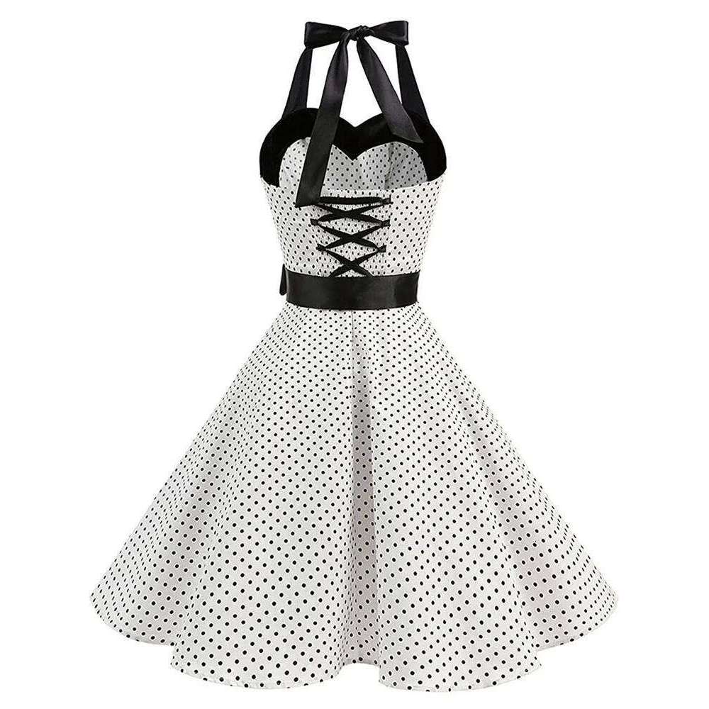 Women Polka Dot Print Summer Sexy Retro White Halter Vintage Robe Femme Pin Up Rockabilly Party Dress C260311