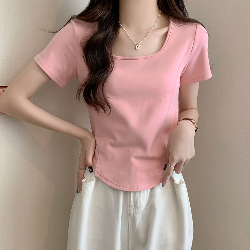 Off-shoulder Square Designer Shirt Neck Short Sleeve T-shirt Designer Hoodie Women's Polo Shirt Solid Color Summer New Fashionable Youthful Fishb