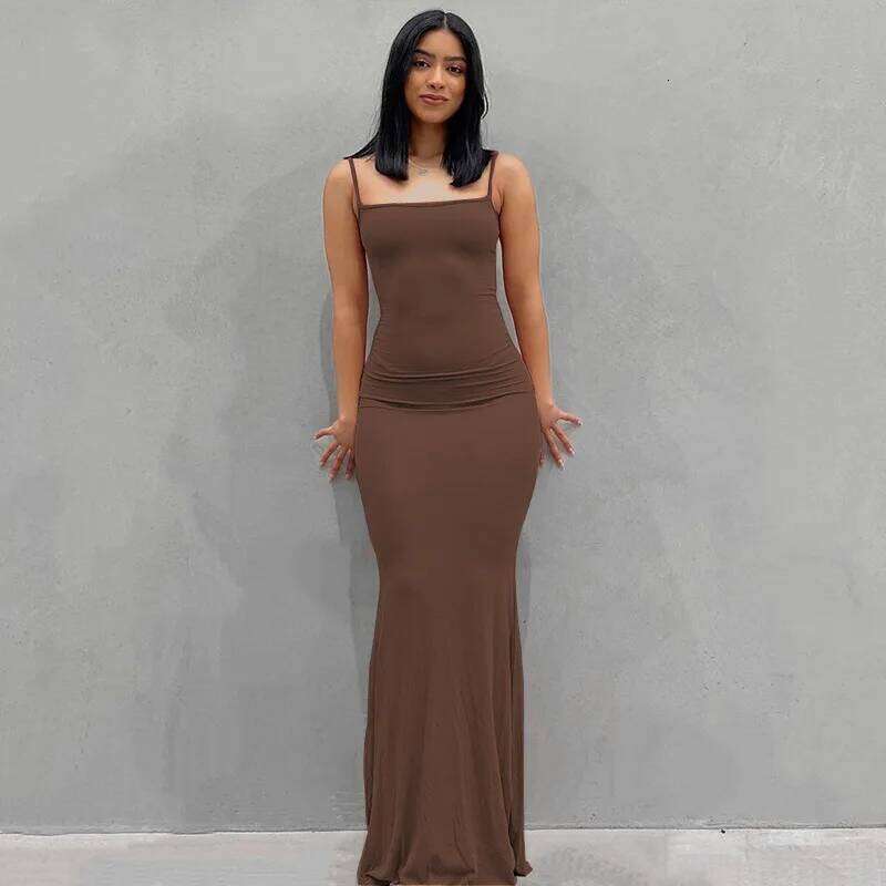 2024 Summer Dresses For Women Sexy Spaghetti Strap Black Long Dress Y2k Sleeveless Solid Skinny Bodycon Trumpet Maxi Vestidos C260312