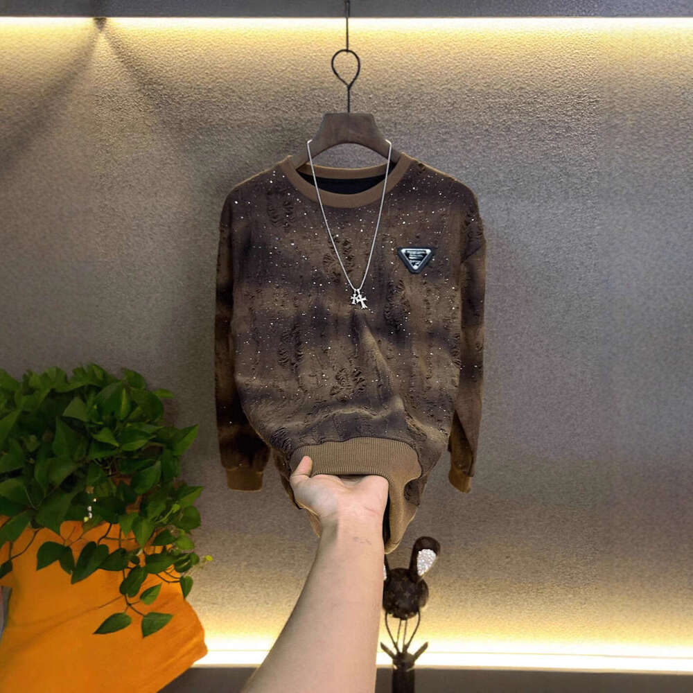 Men's Short 2026 Light Luxury New Trendy Round Neck Long Sleeve Fleece-Lined T-Shirt