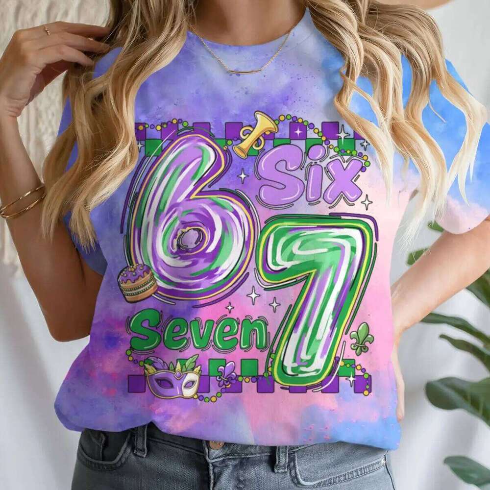 Six Seven Printed Women Shirt Mardi Gras Female T-shirt Girls Carnival Outfit Tee Vintage Holiday Short Sleeve Tops Z260312
