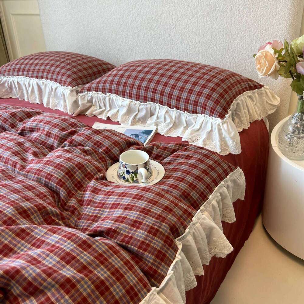 Plaid Bedding Vintage Lace Ruffles Duvet Cover Flat Sheets 2 Pillowcases Single Twin Full Queen Size Bed Set 3/4Pcs H260312