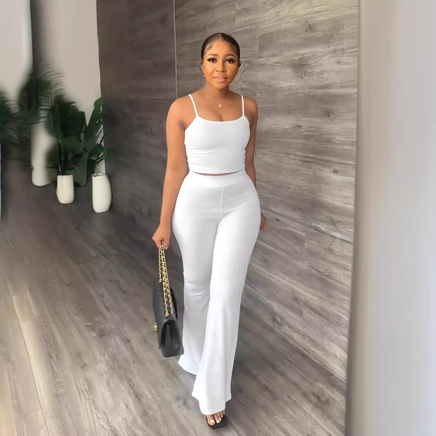 Womens Solid Color Camisole Slim Fit Bell-Bottom Pants Simple Fashion Set